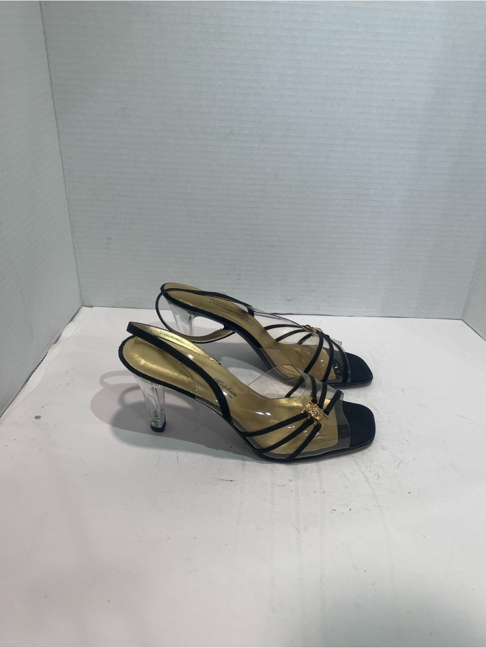 Elegant Black Strappy Heels with Clear Lucite Heel